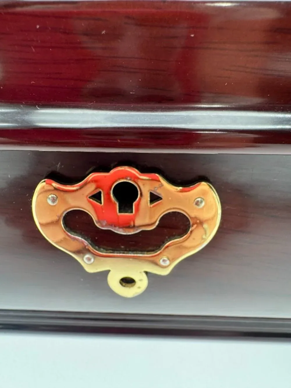 Vintage Mahogany Lacquer Jewelry Box Brass Lock Keys Velvet Lined 12in